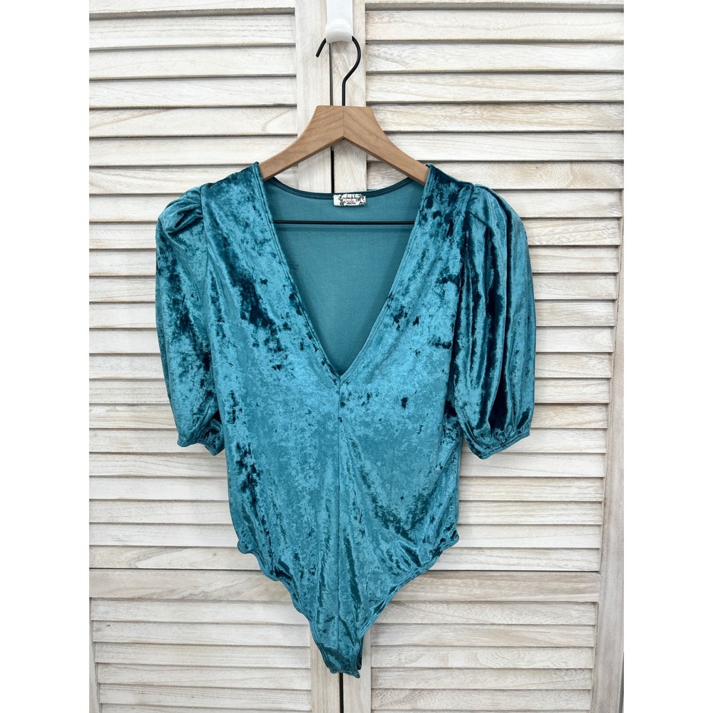 Intimately Free People Velvet Bodysuit XS Blue Whimsygoth Coquette